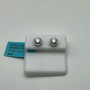 Sterling Silver Moissanite Halo Stud Earrings 1.42 CTTW Screw Back NW